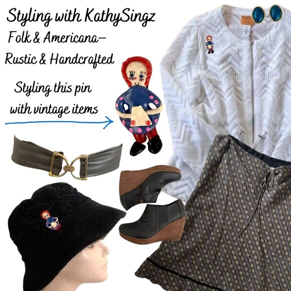 Vintage Handmade Clay Pin Raggedy Ann Inspired Folk Art Whimsical Brooch 1.5 in. - Picture 2 of 9